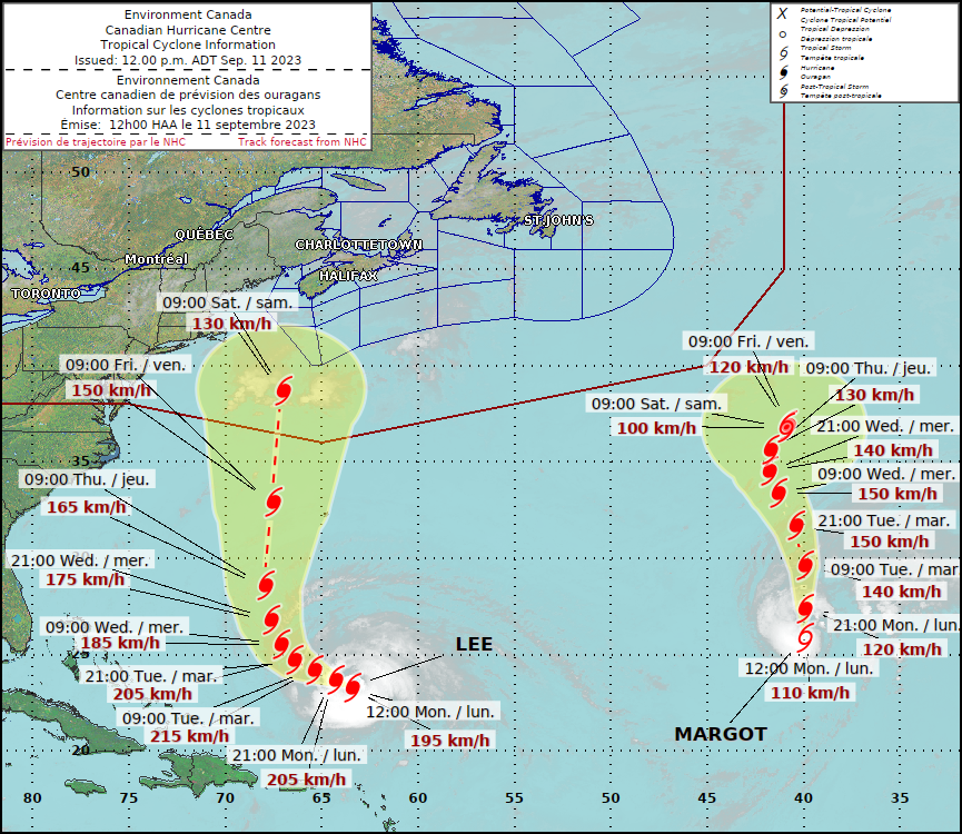 NHC 5 day warning cone for Hurricane Lee