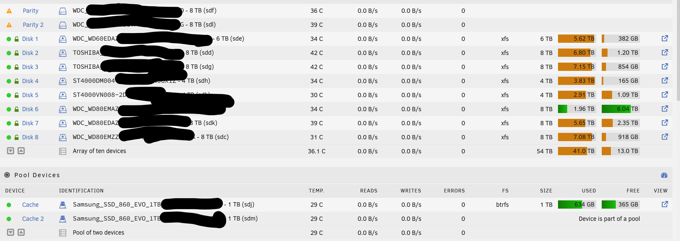 Unraid screenshot showing both parity disks not paritied