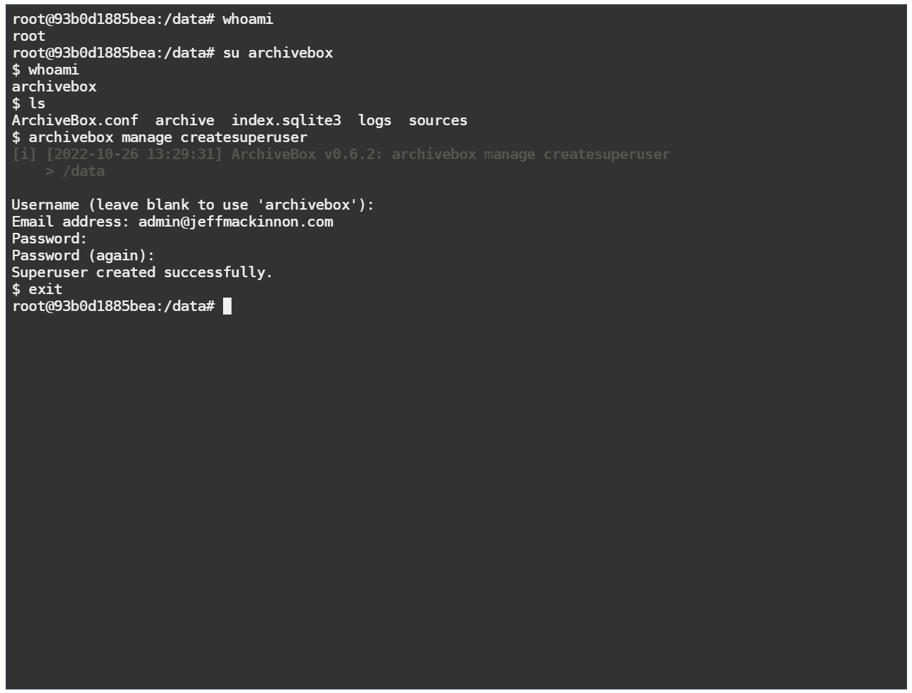 Screenshot of terminal when creating archivebox superuser
