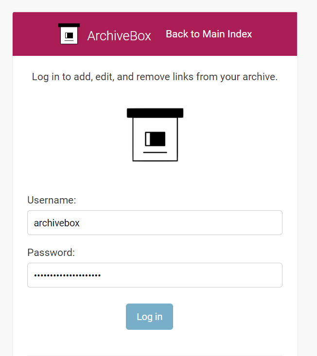 screenshot of the archivebox login