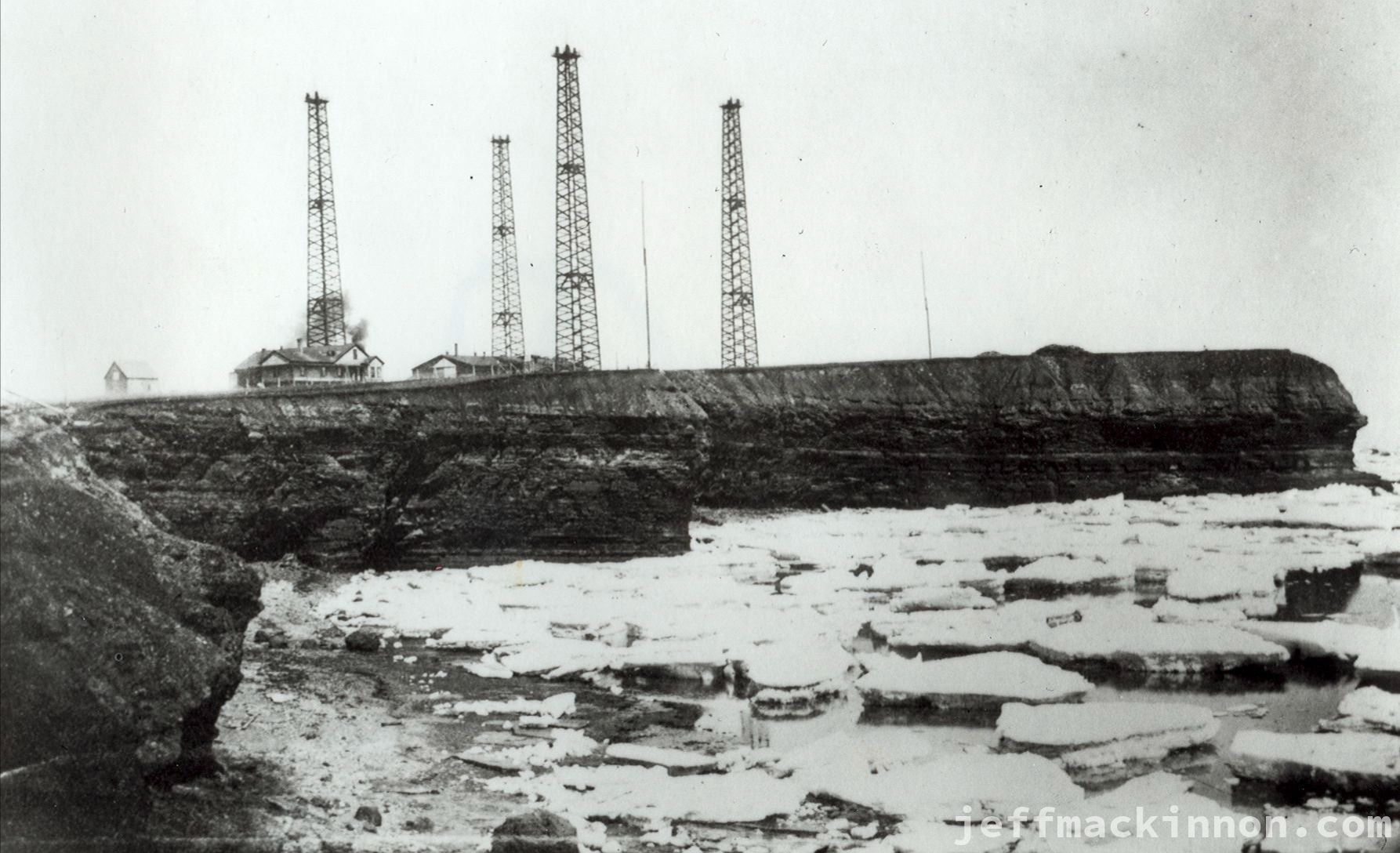 A view of Table Head and the Marconi Station from the shore in the winter. Note the pack ice. The name Glace Bay means “bay of ice”. Photo: Canadian Marconi Company, Montreal.