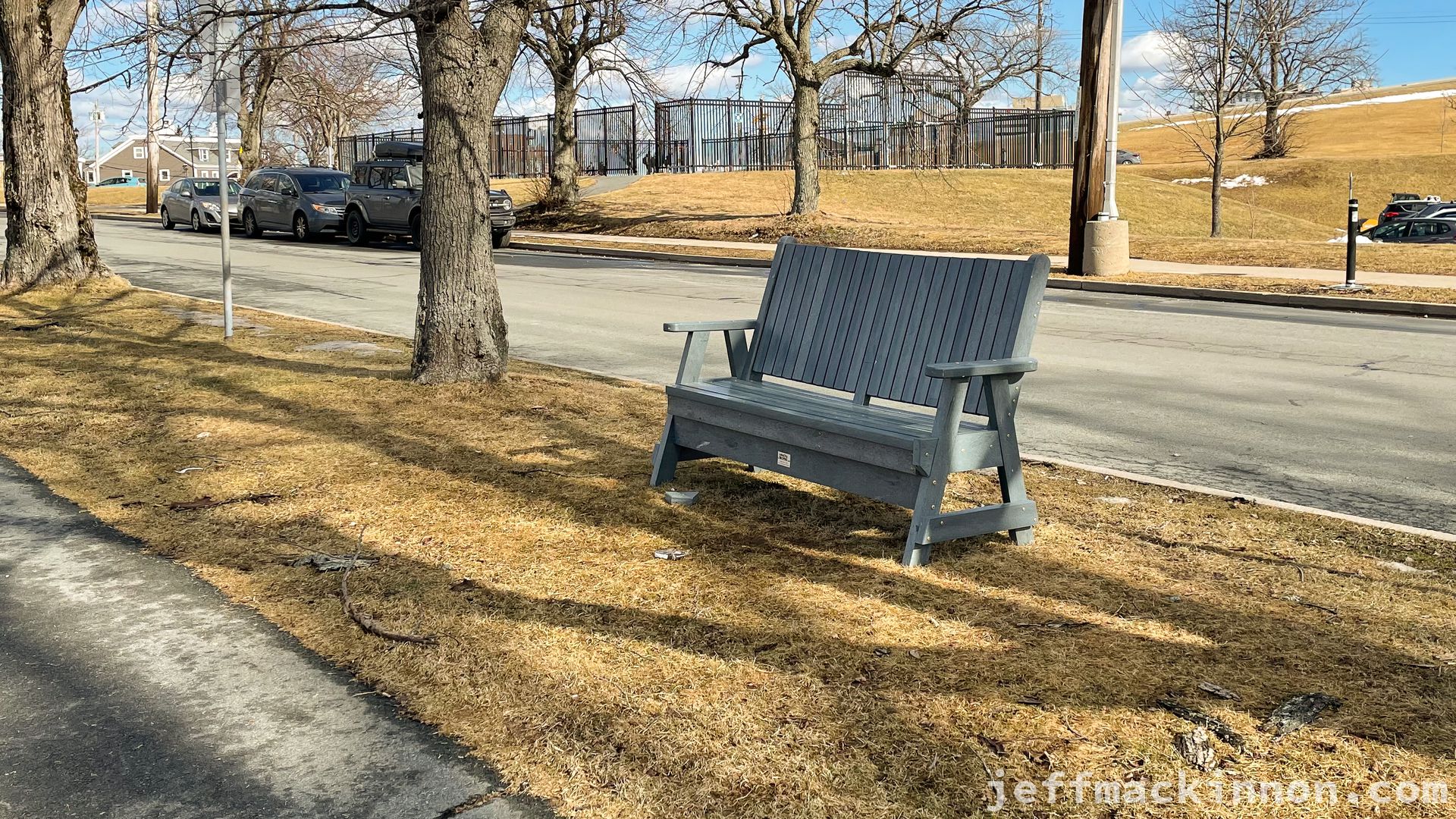A recycled plastic bench in the wild.