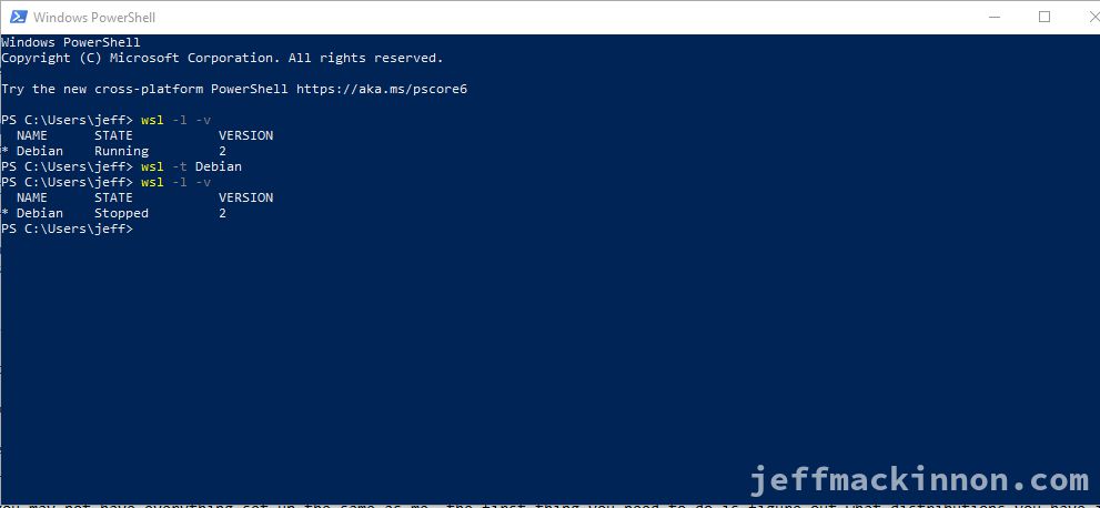 Screenshot showing the WSL version and terminate commands.