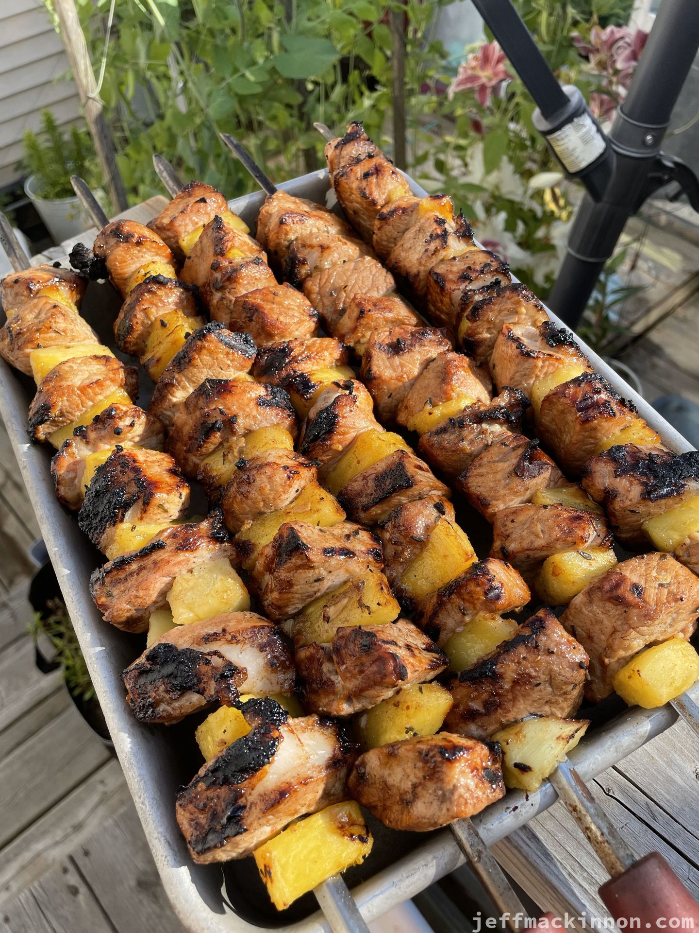 pork and pineapple skewers off the grill