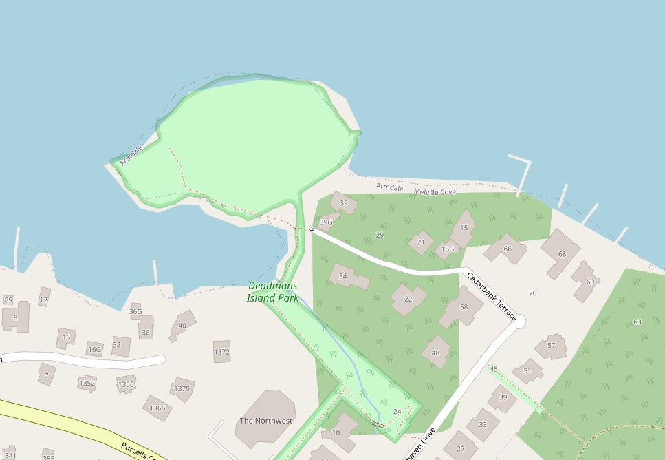 map showing the rough location of Deadman's Island Park.